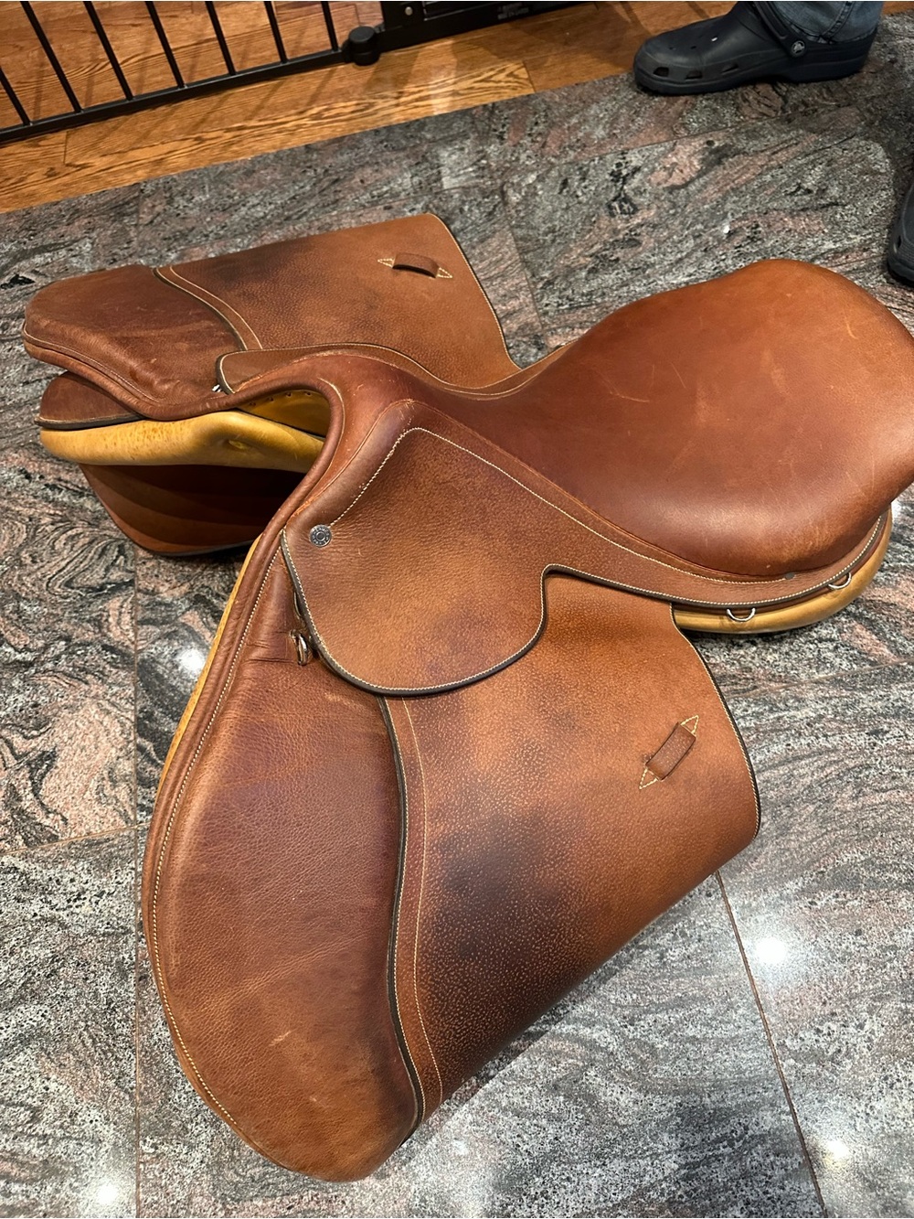 Hermès Canvas Saddle Cover in Beige with Black Logo with brown leather saddle